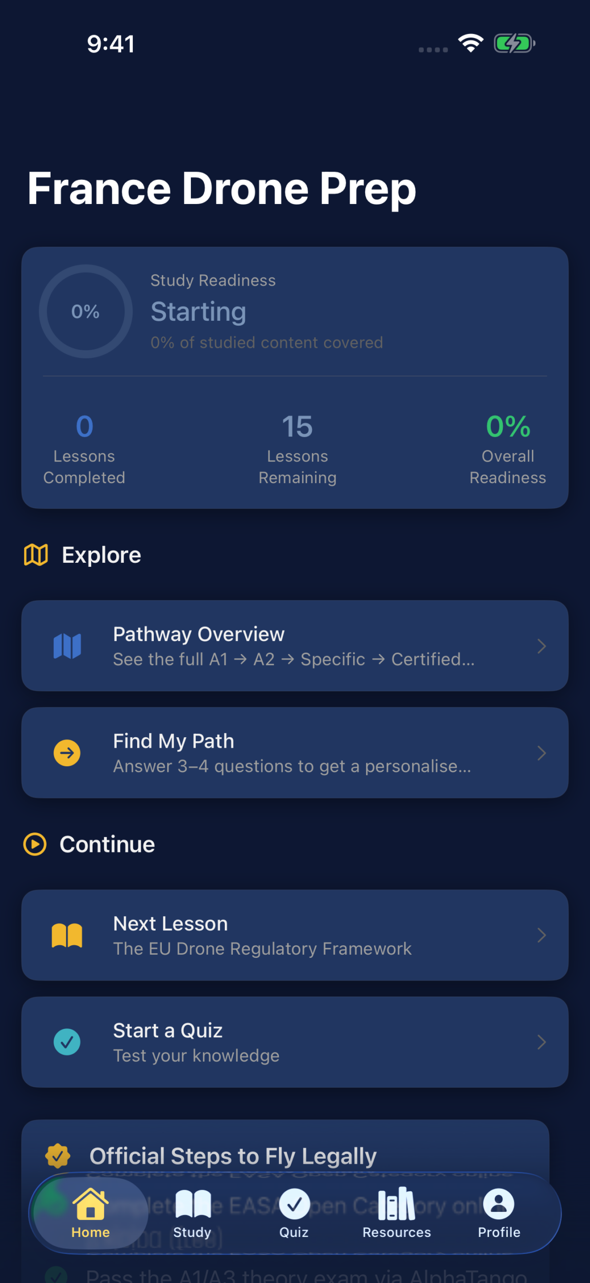 France Drone Prep app home screen