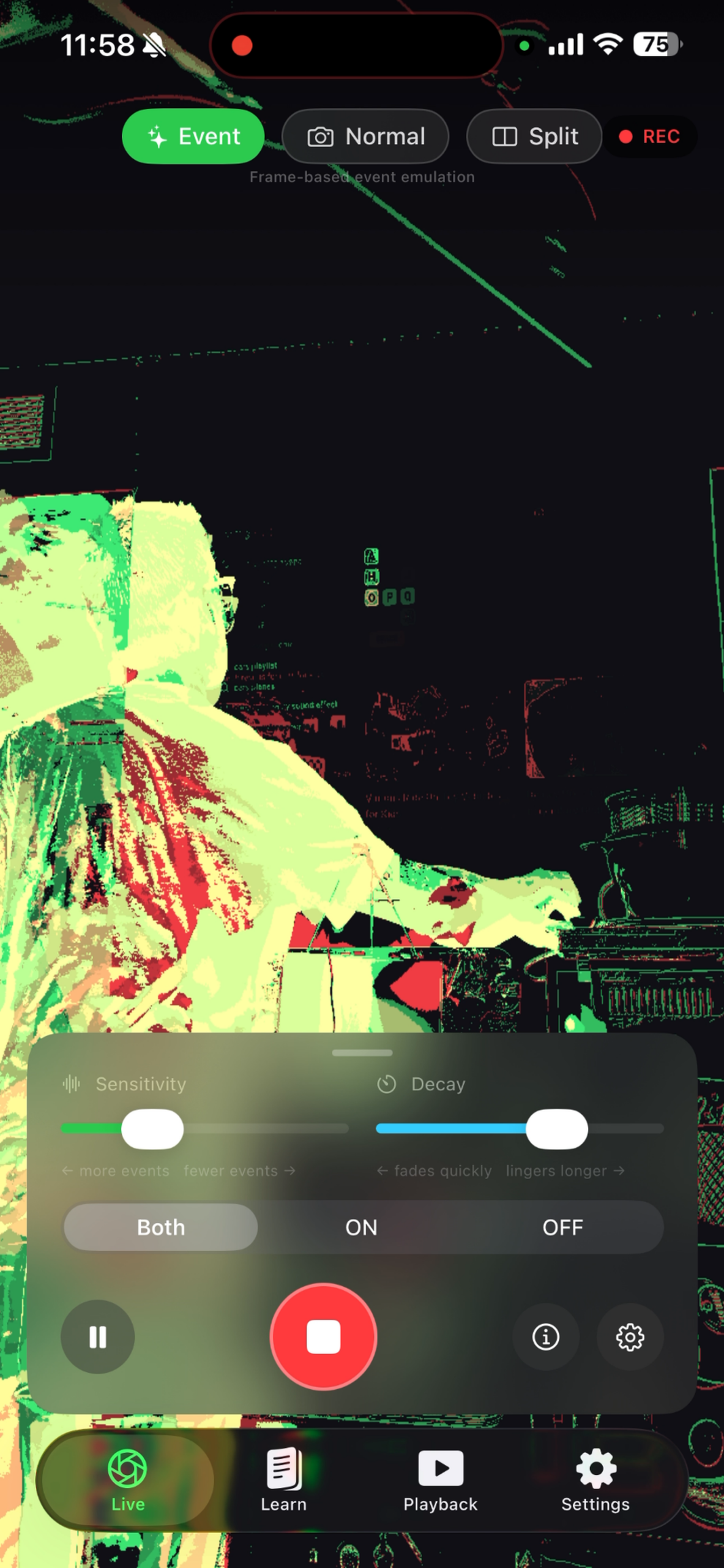 EventScope Vision actively recording, showing a moving subject rendered as bright green and red event sparks, with Sensitivity and Decay sliders, a Both/ON/OFF toggle, and stop/record controls.