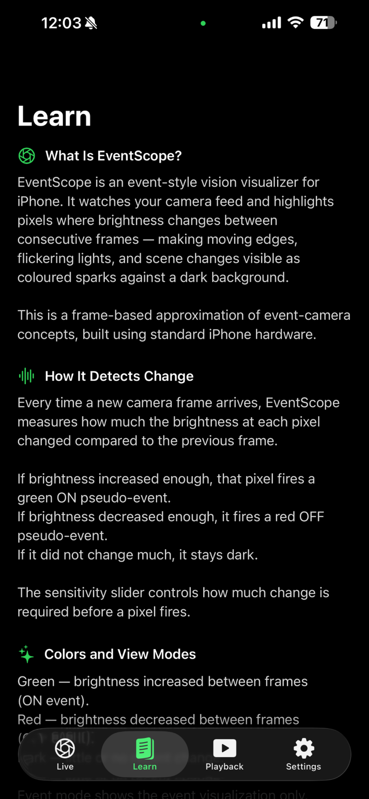 EventScope Vision Learn screen explaining what the app is, how it detects change, and its colour and view modes (green ON and red OFF pseudo-events) plus the sensitivity slider.