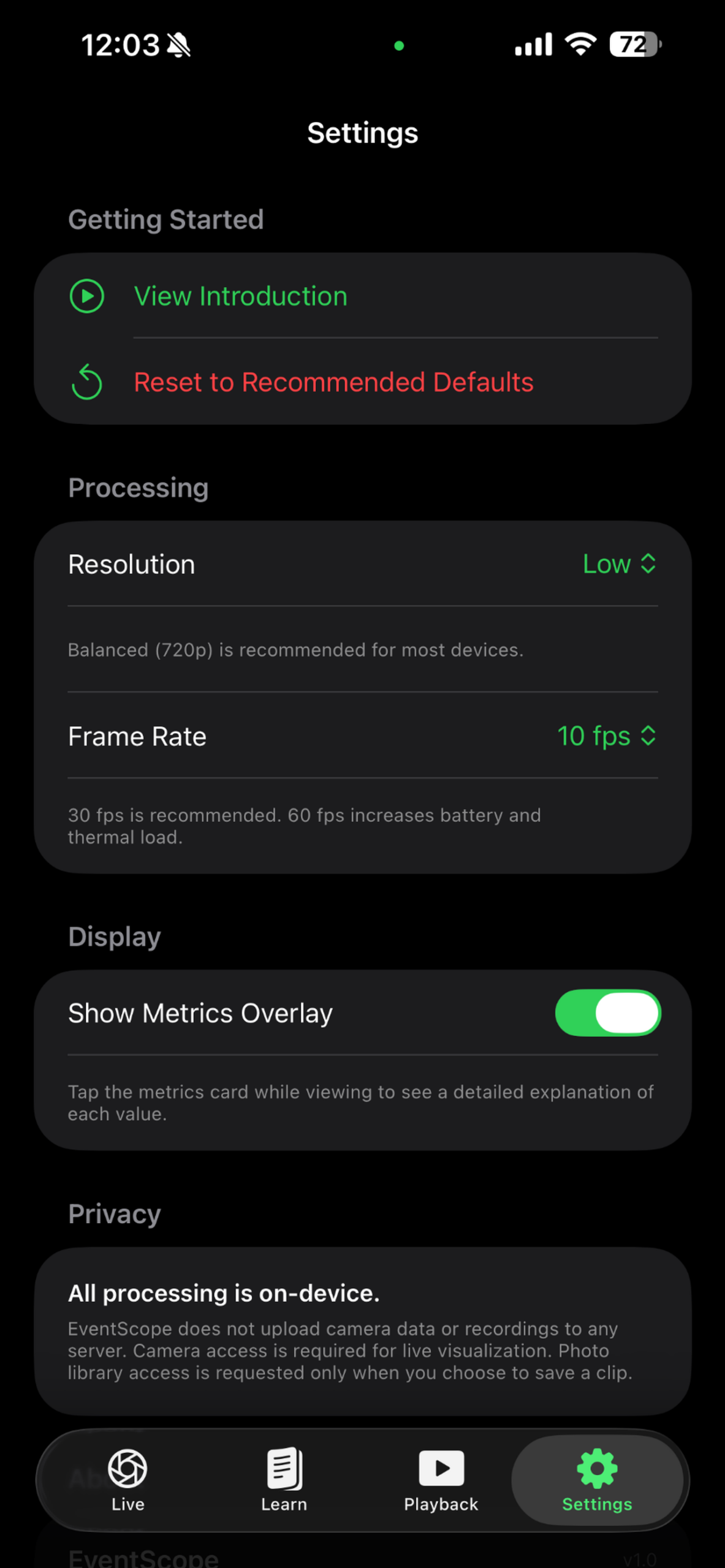 EventScope Vision Settings screen with processing options (resolution and a 10 fps frame rate), a Show Metrics Overlay toggle, and a note that all processing is on-device.
