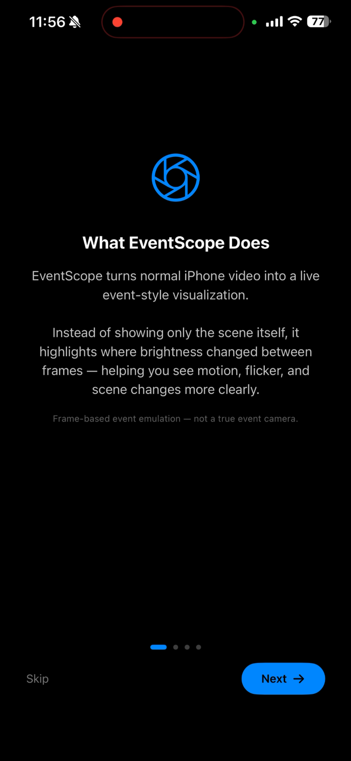 EventScope Vision onboarding screen describing how it turns normal iPhone video into a live event-style visualization that highlights brightness changes for motion, flicker, and scene changes.