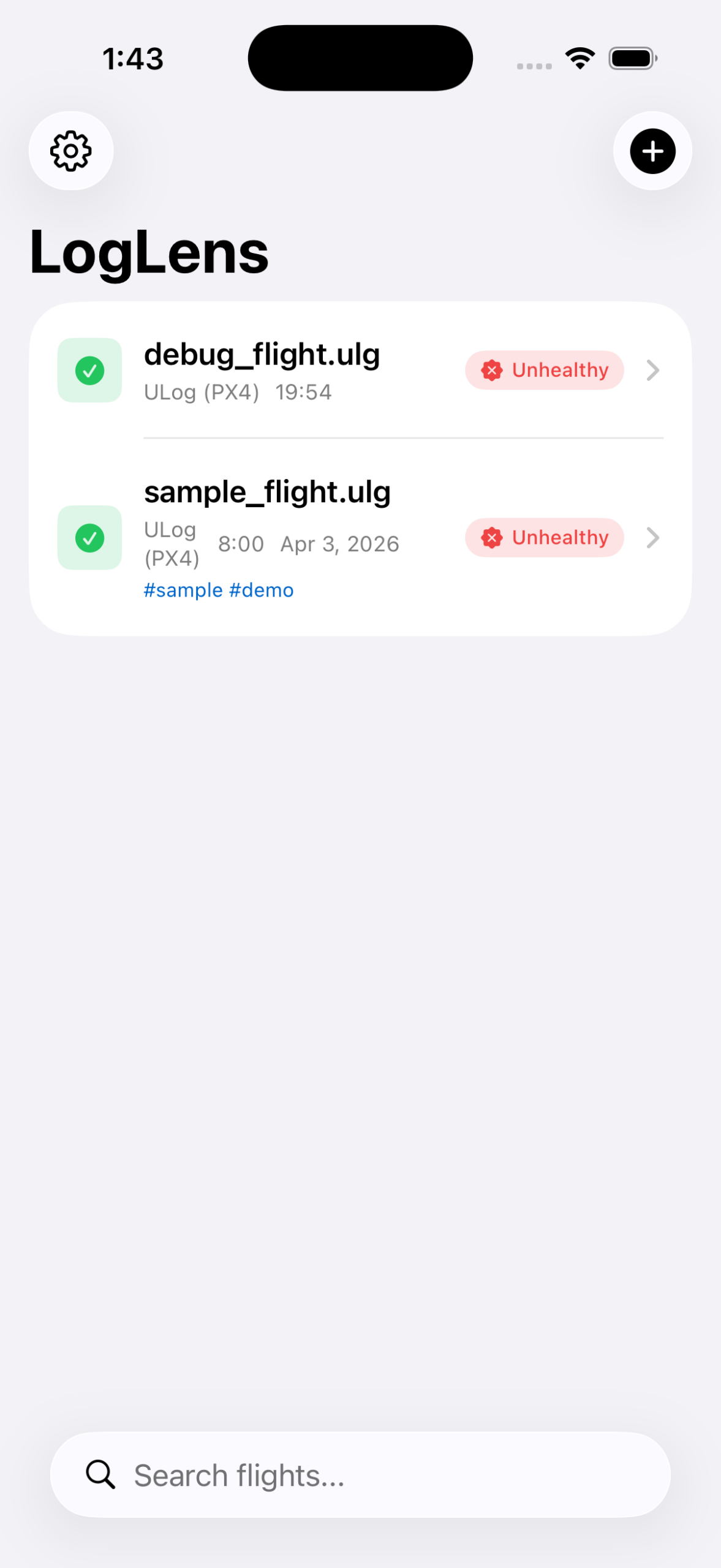 LogLens flight library listing imported ULog (PX4) flight logs with health-status badges, a search bar, and an add button.