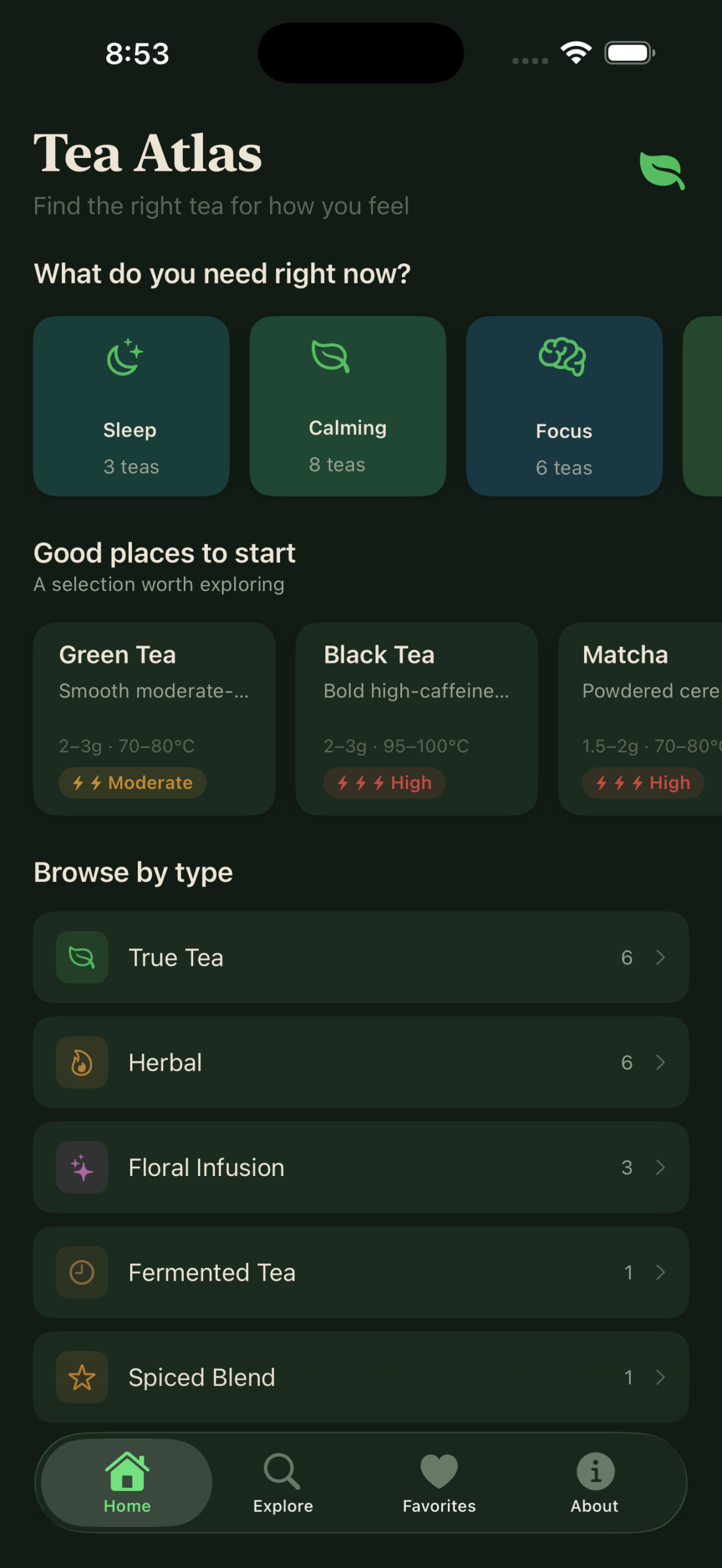 Tea Atlas home screen showing goals and reference entry points.