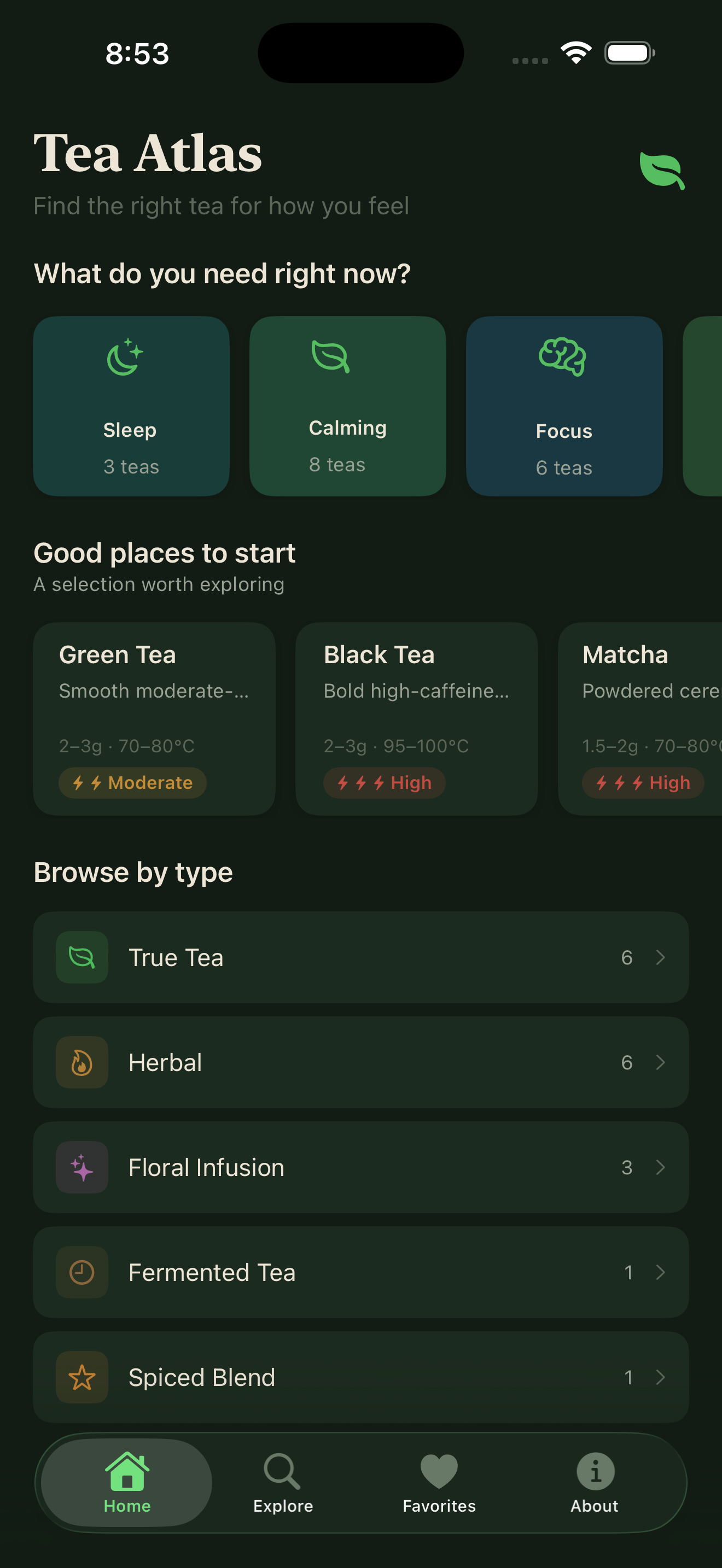 Tea Atlas home screen.