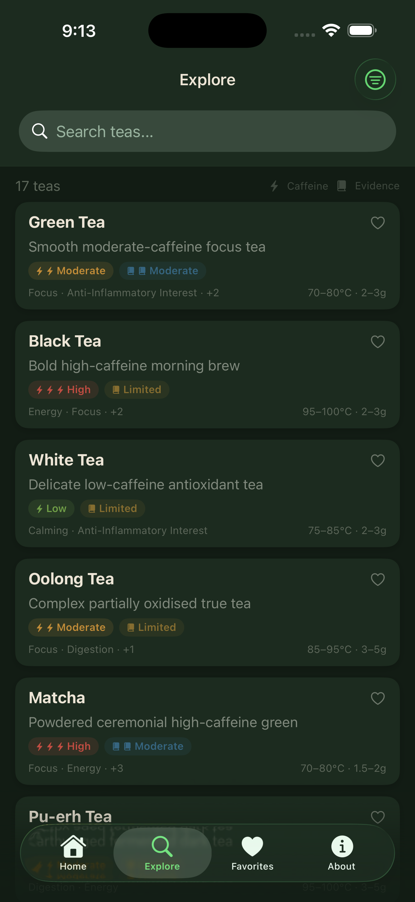 Tea Atlas Explore screen listing teas with caffeine and steeping details and a search bar.