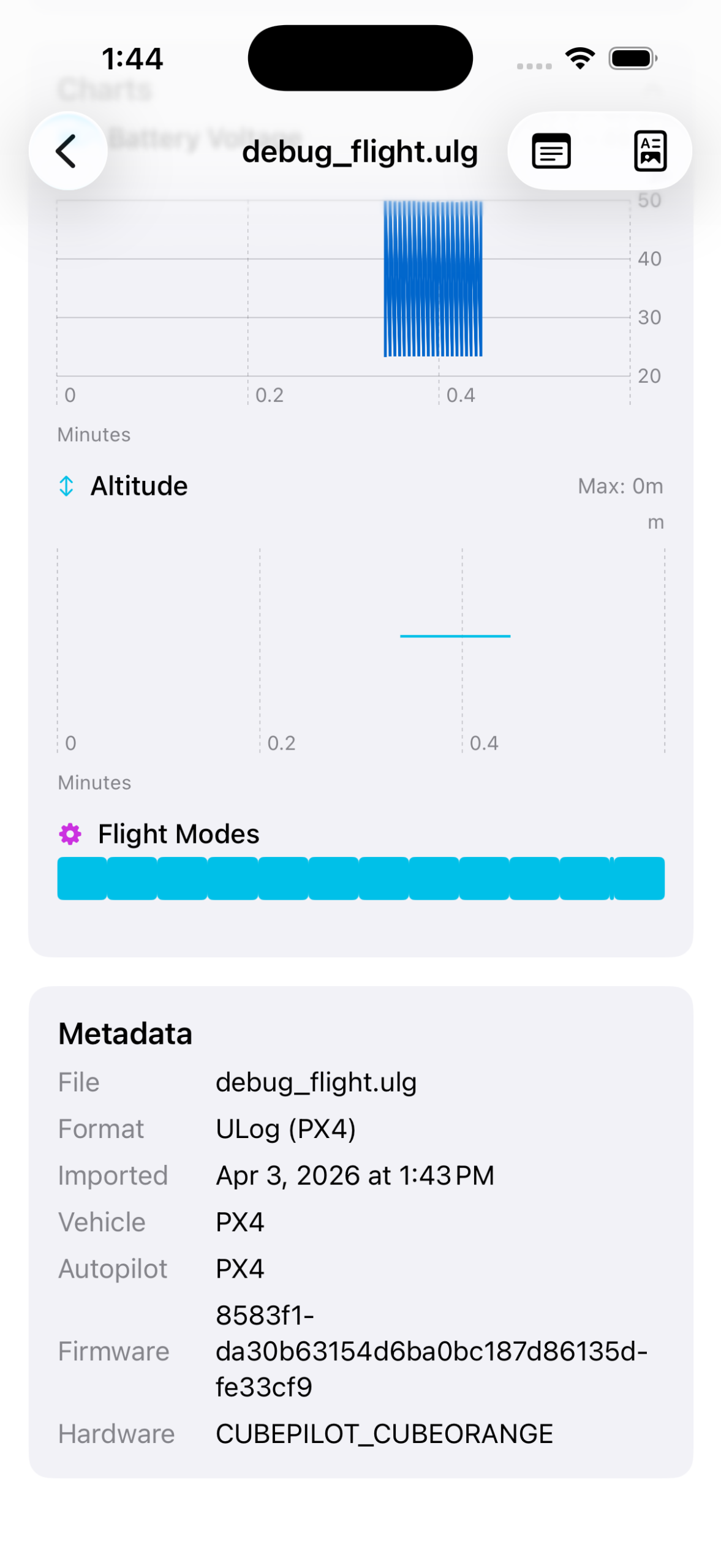 LogLens flight detail showing findings, an event timeline, battery-voltage and altitude charts, a flight-modes bar, and log metadata.