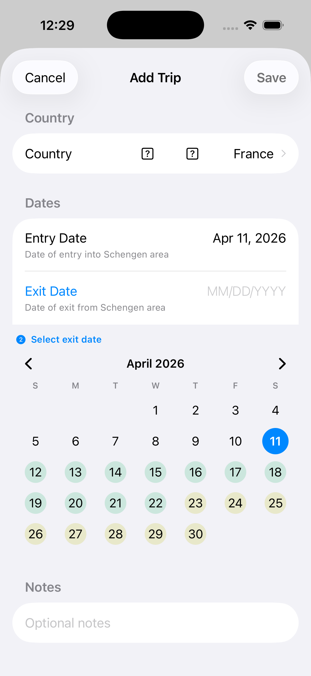 StayPal Add Trip screen with a country selector, entry and exit date pickers, and a colour-coded calendar for choosing the exit date.