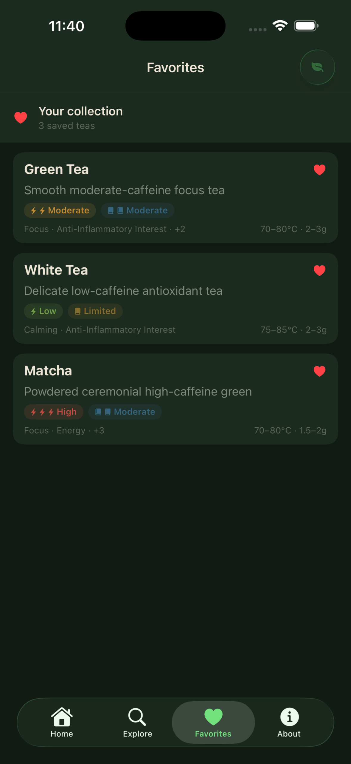 Tea Atlas favorites collection screen.