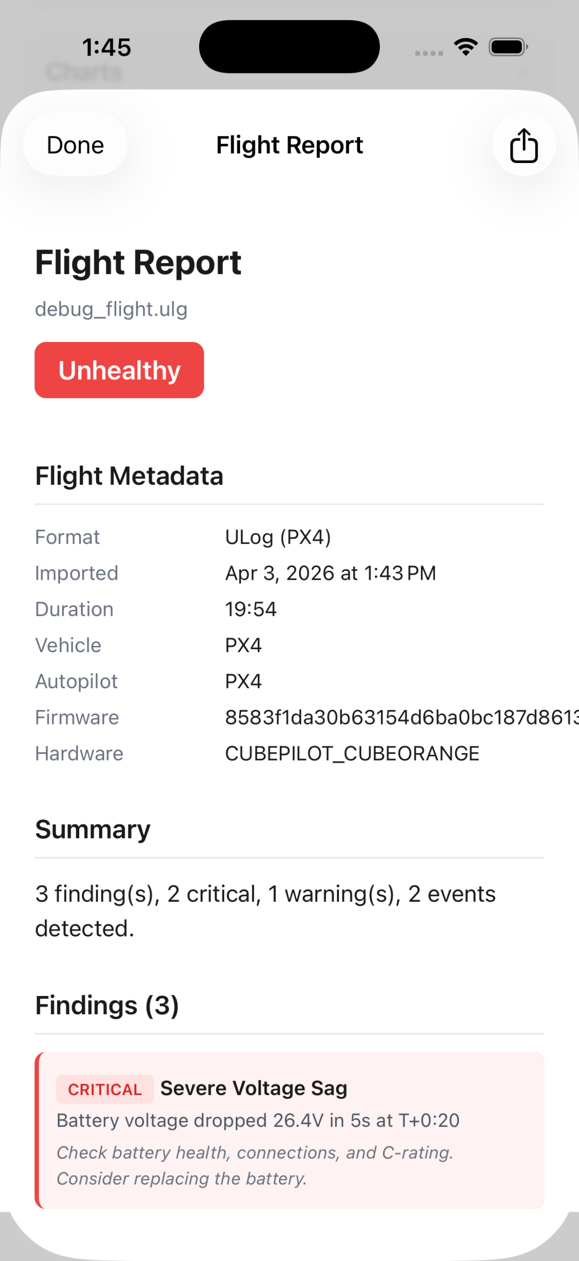 LogLens flight summary view with duration, finding and event counts, a findings list, an event timeline, and battery-voltage and altitude charts.
