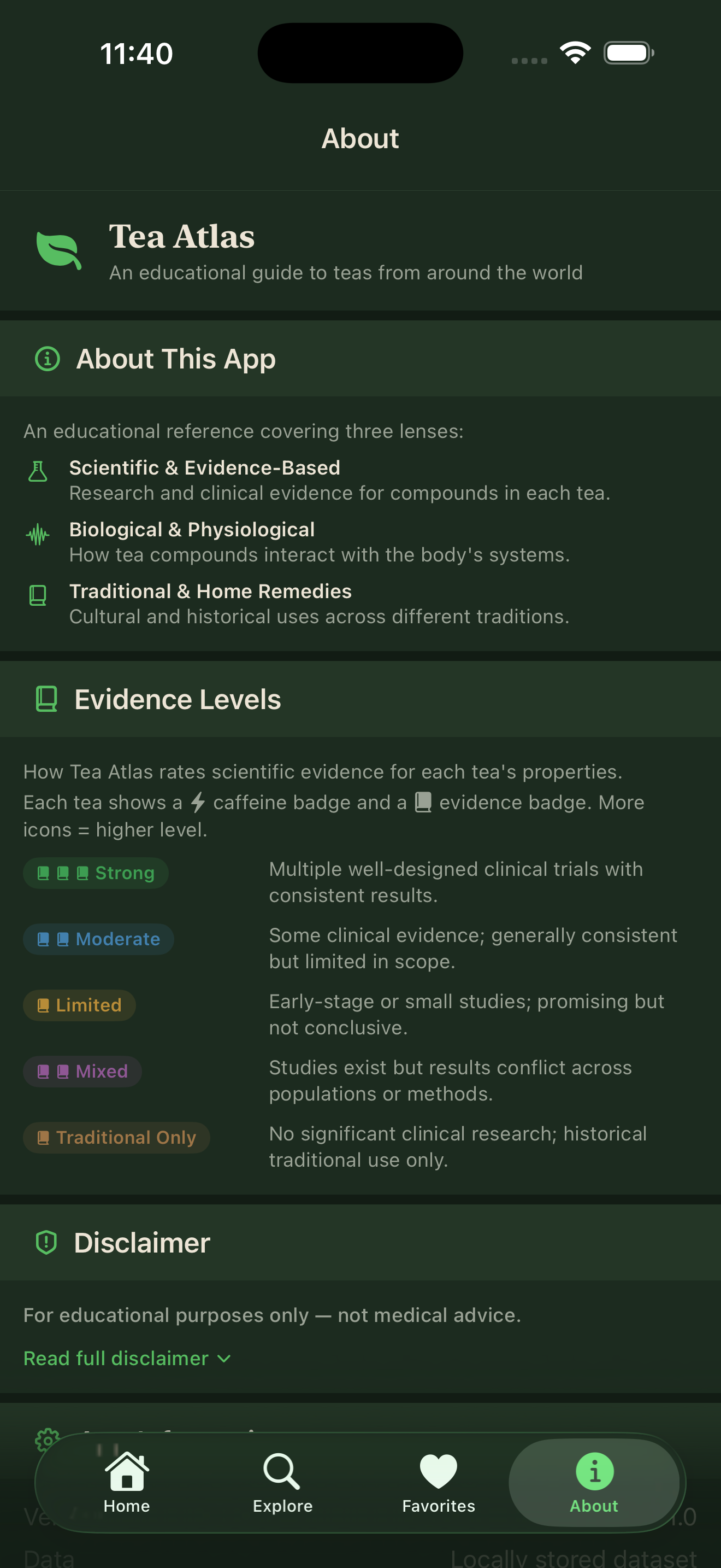 Tea Atlas About screen describing the app as an educational tea guide, with evidence levels and a disclaimer.