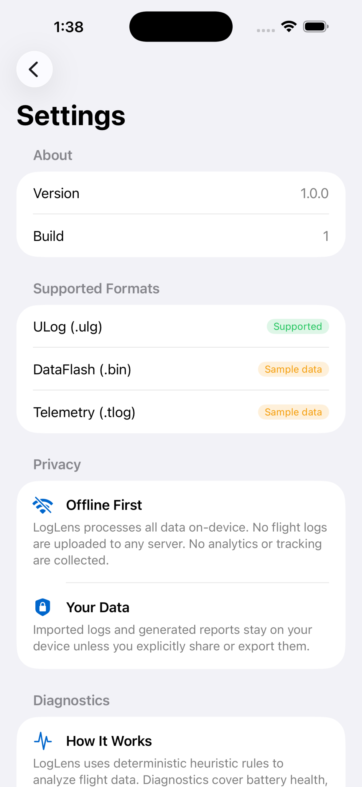 LogLens settings screen